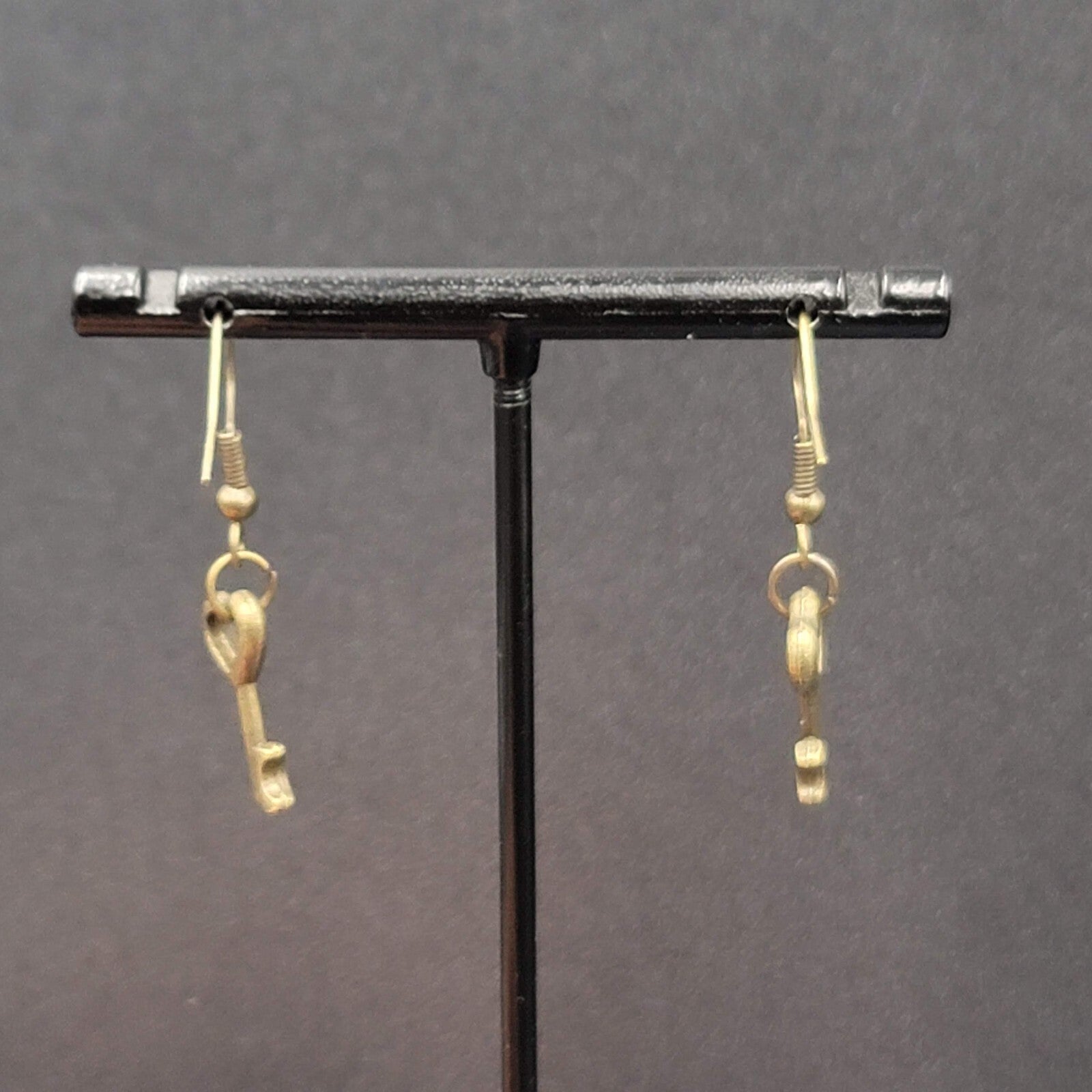 New Pierced Earrings Bronze tone Heart Skeleton Key Dangle 5/8"