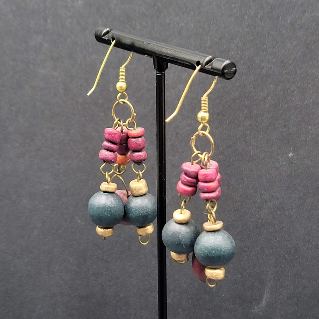 Vintage Pierced Earrings Purple Blue Wood Beads Dangle Boho 1.75"