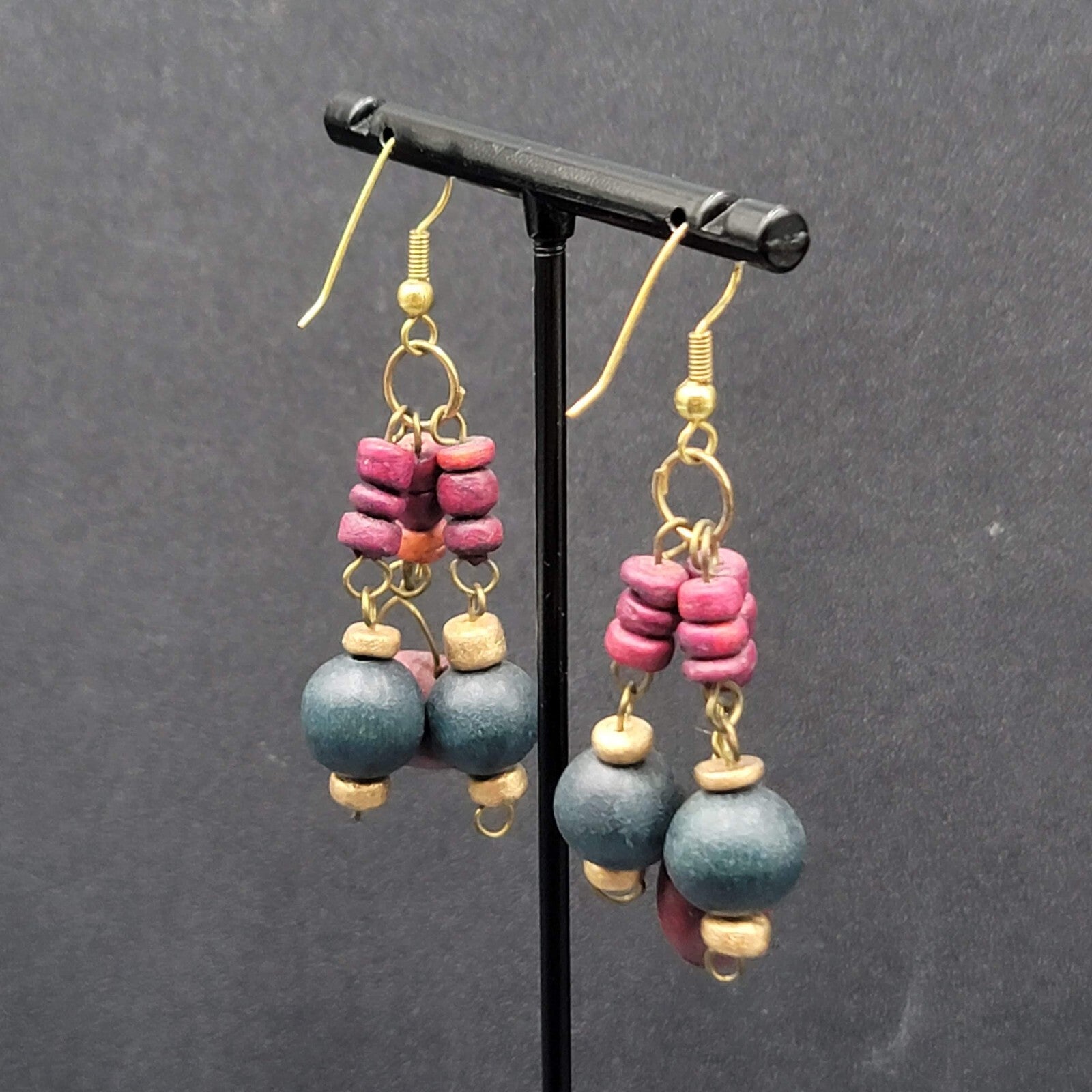 Vintage Pierced Earrings Purple Blue Wood Beads Dangle Boho 1.75"