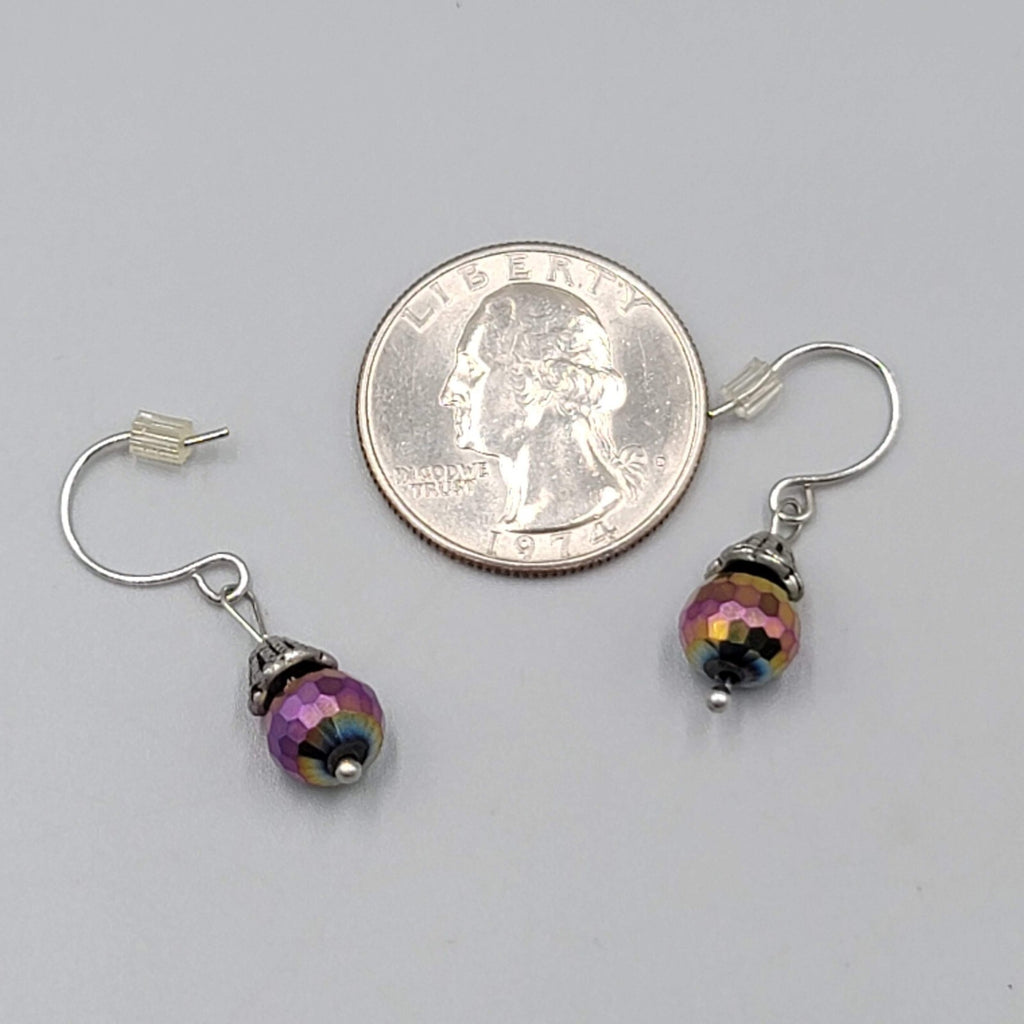 Rainbow Iridescent Sparkle Faceted Bead Dangle Pierced Earrings Silvertone 5/8"