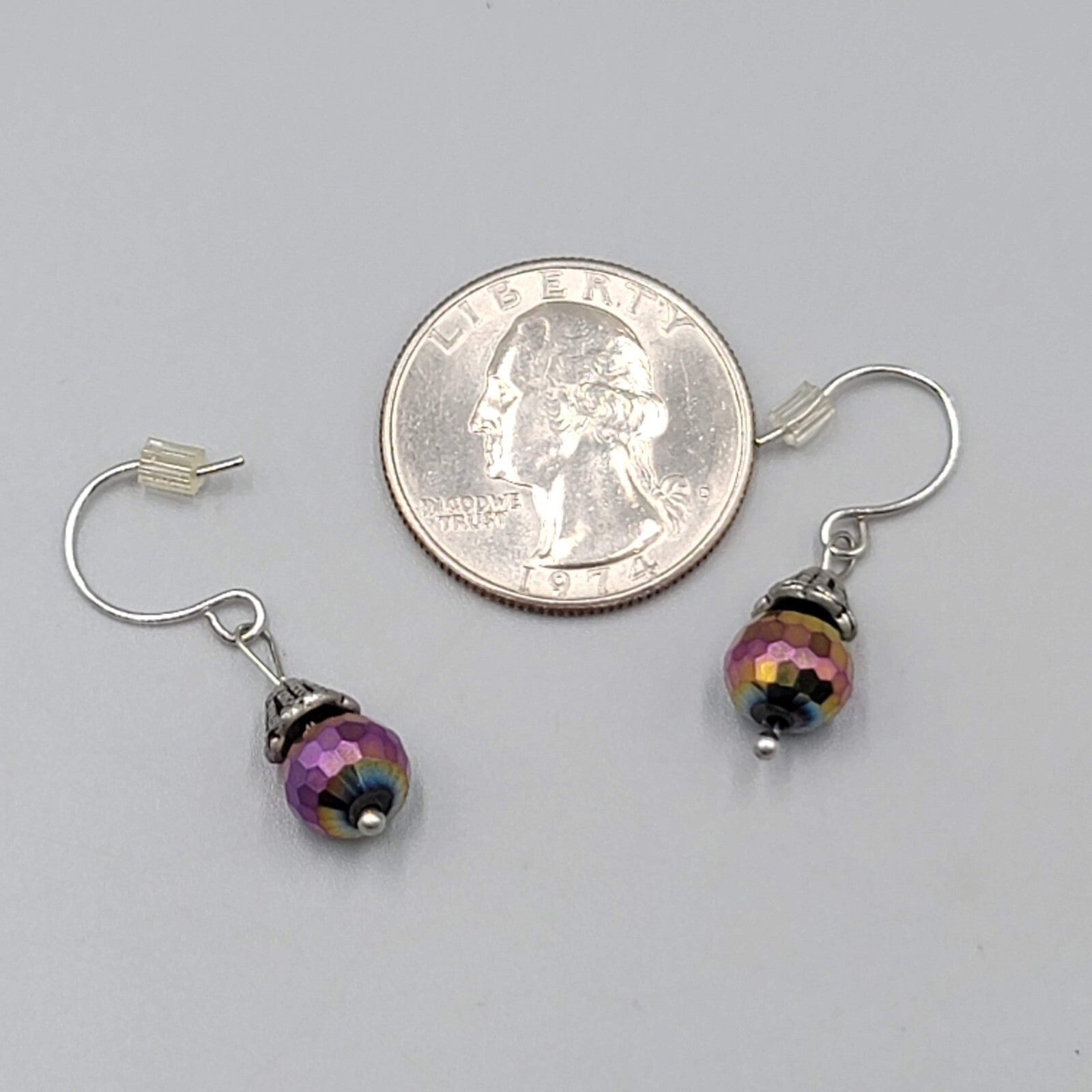 Rainbow Iridescent Sparkle Faceted Bead Dangle Pierced Earrings Silvertone 5/8"