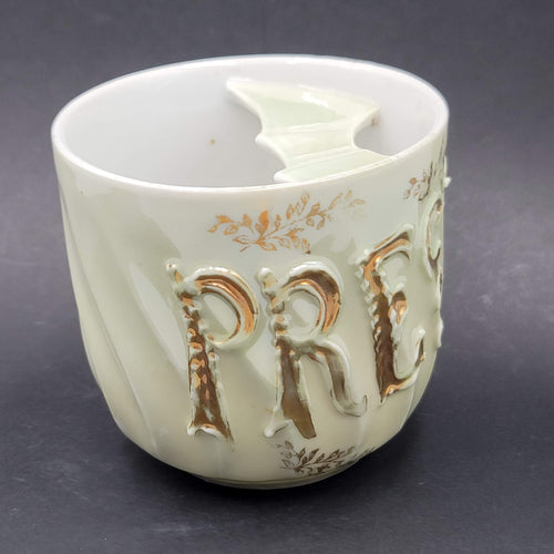 Antique Vintage Mustache Cup "Present" Gold Trim Floral Victorian Era Drinkware