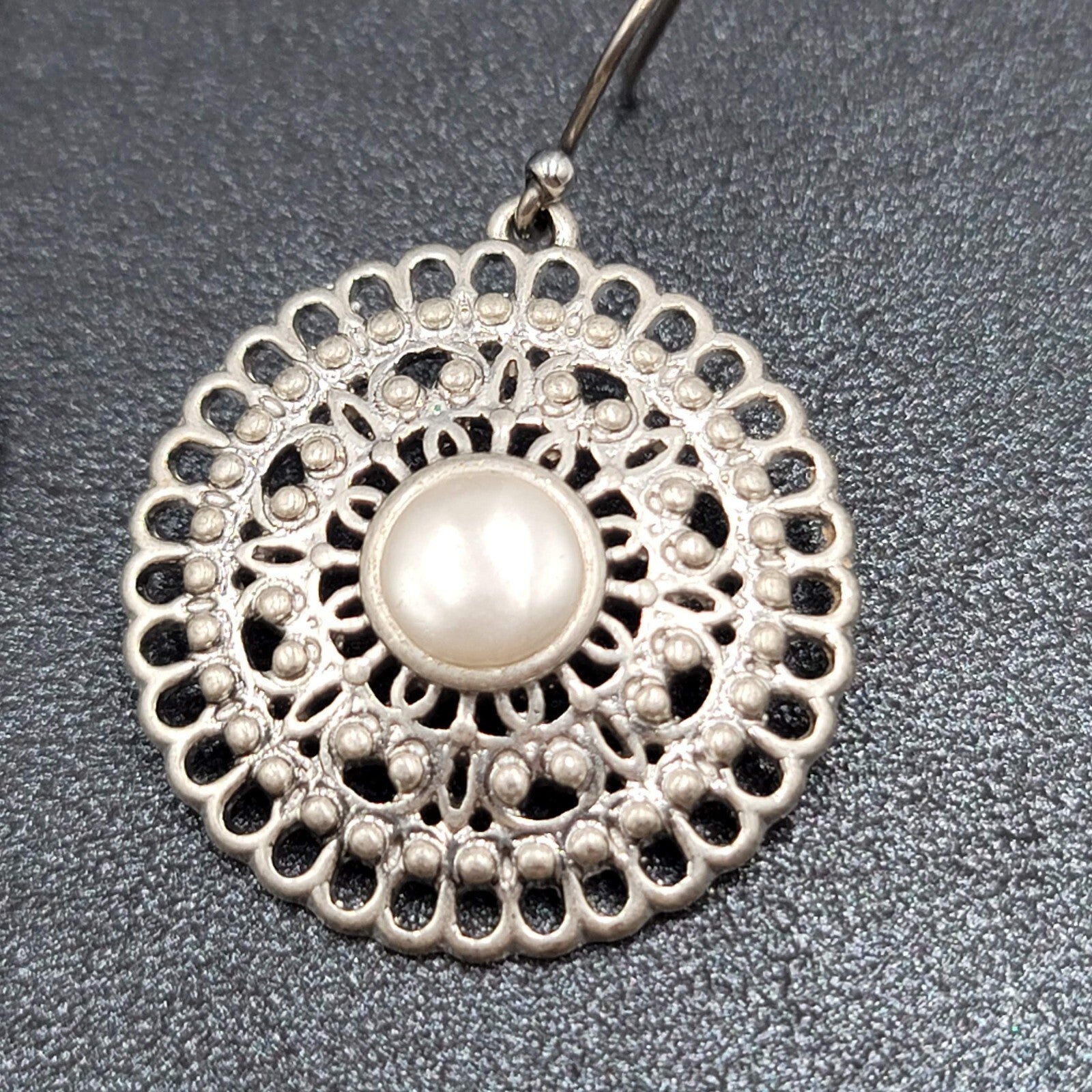 Pierced Earrings Silver tone Faux Pearl Open Work Medallion Dangle 1"
