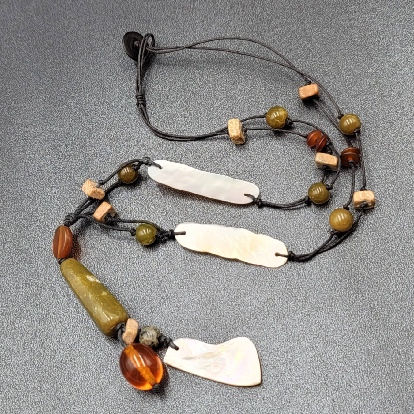 Necklace Glass Bead Shell Gemstone Bead on Black Cord 21"