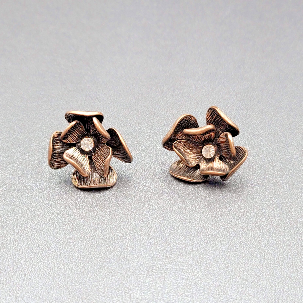 Flower Pierced Earrings Copper tone Rhinestone Drop 1"