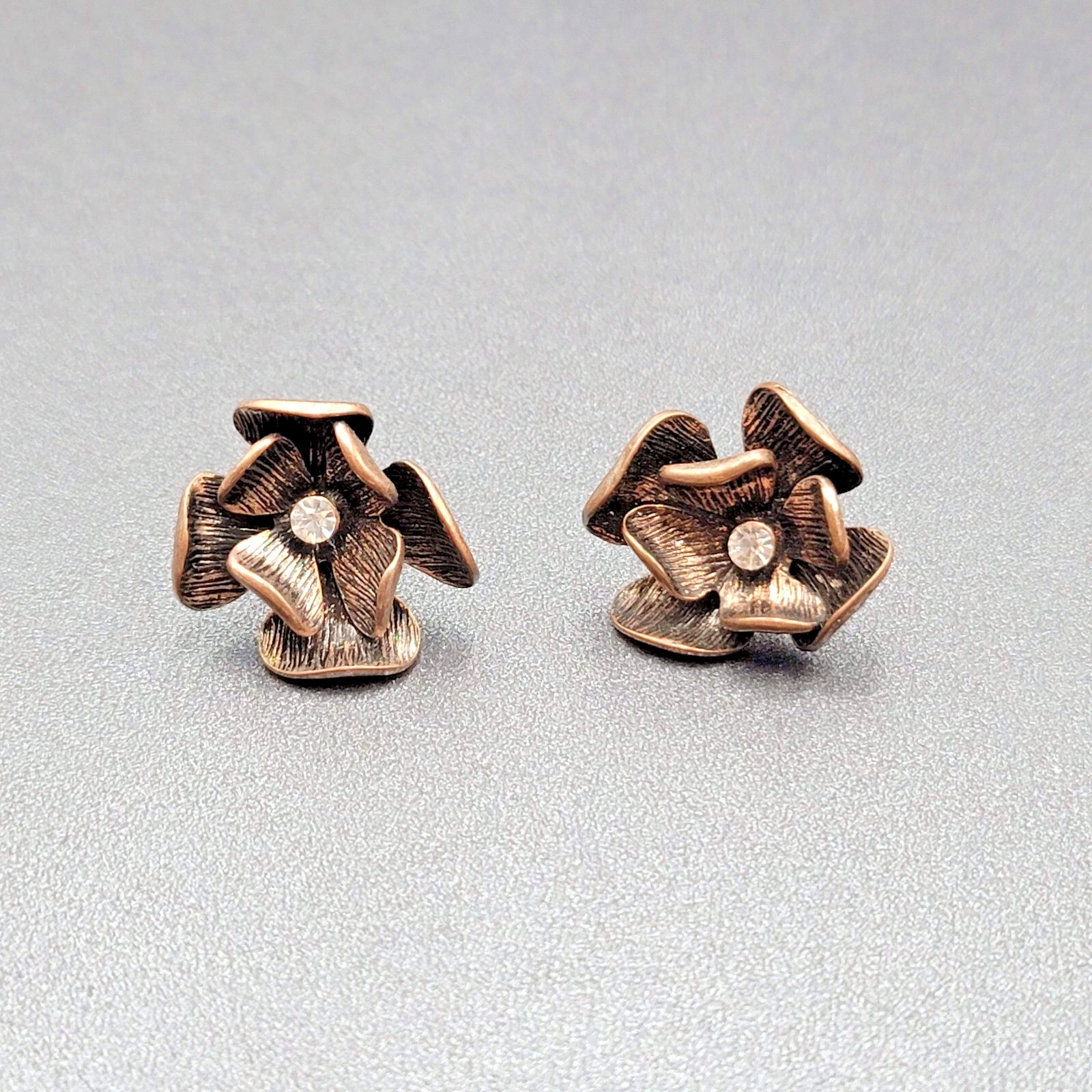 Flower Pierced Earrings Copper tone Rhinestone Drop 1"