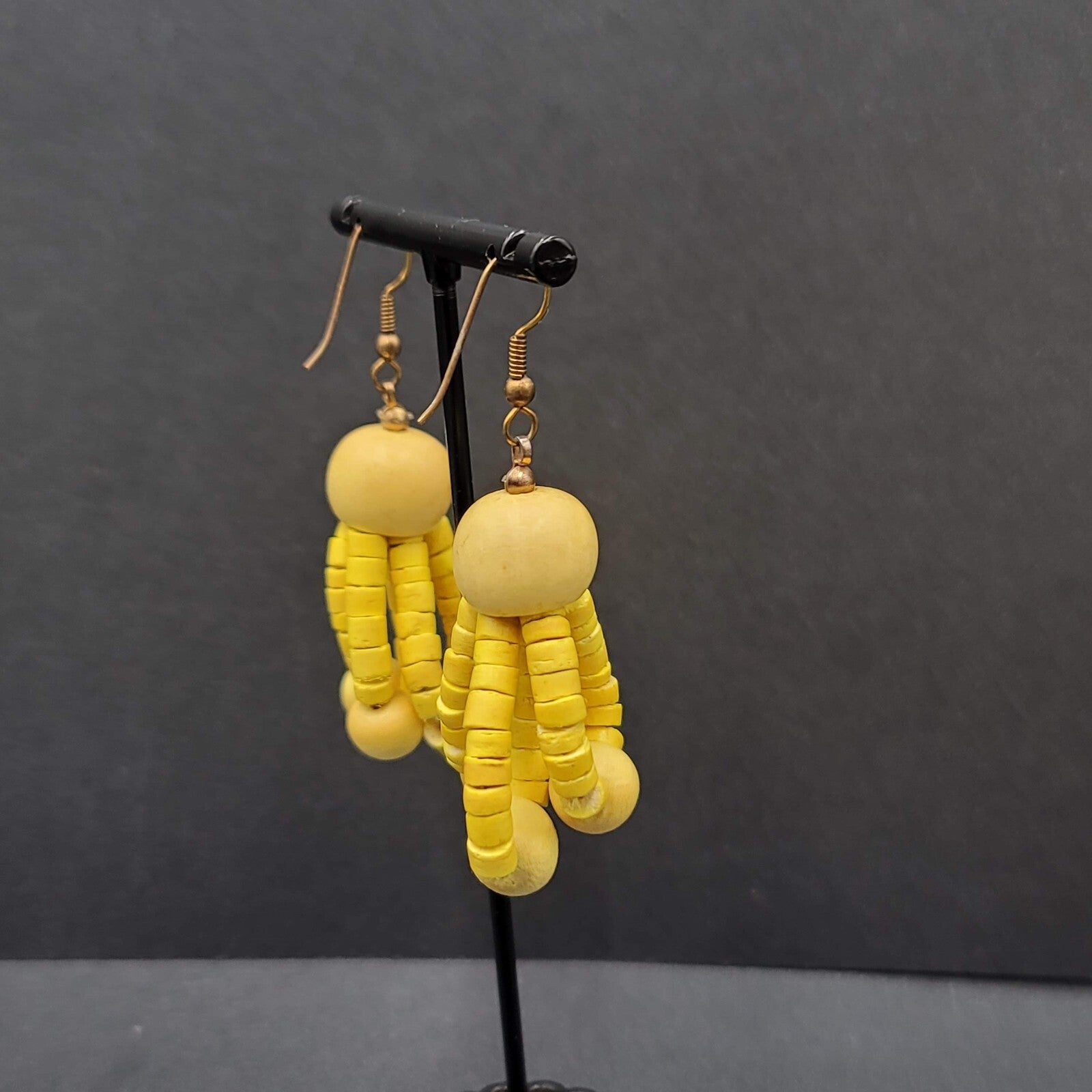 Vintage Pierced Earrings Wood Yellow Bead Dangle 1.75"