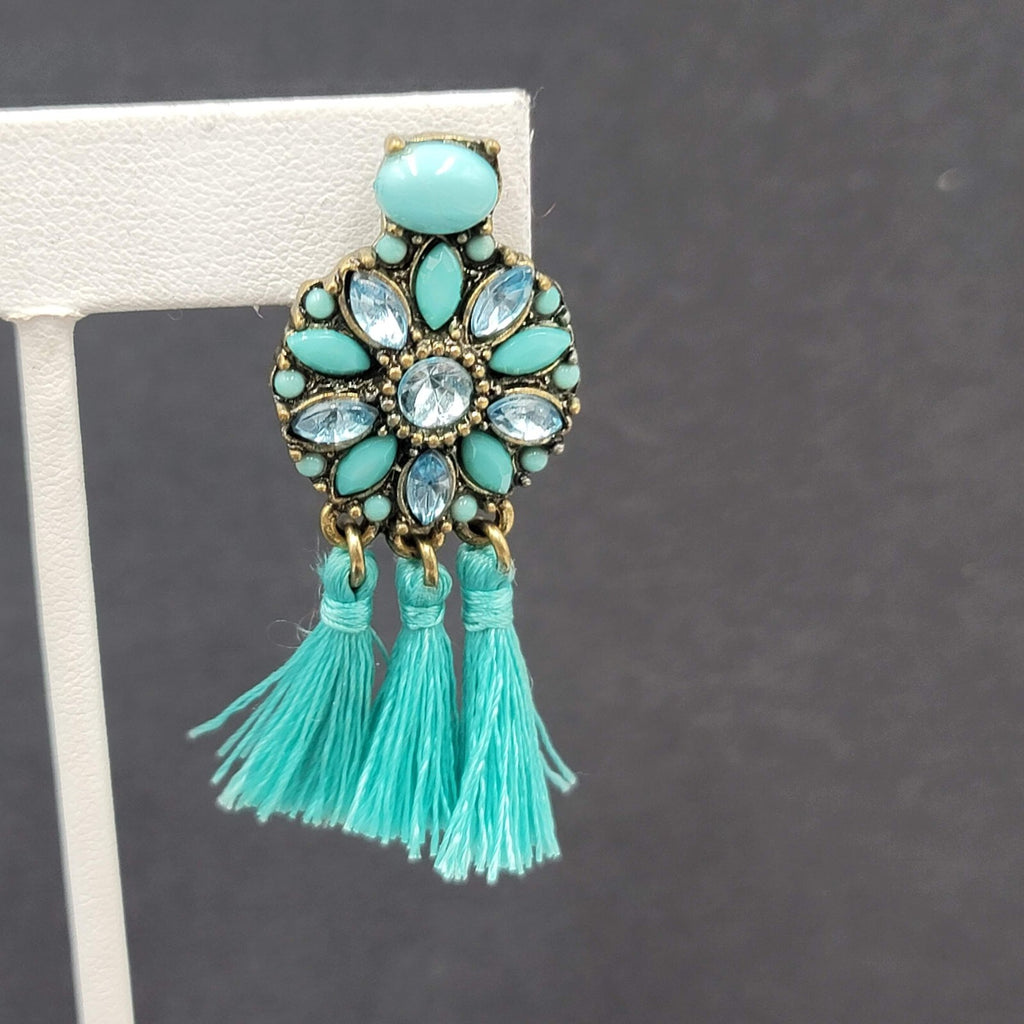 Pierced Earrings Gold tone Blue Rhinestone Tassel 2"