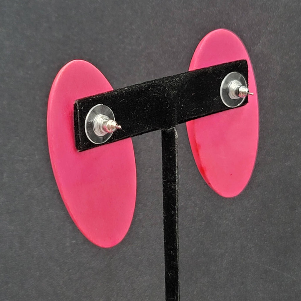 Vintage Pierced Earrings Large Wood Pink Stain Statement Drop 2"