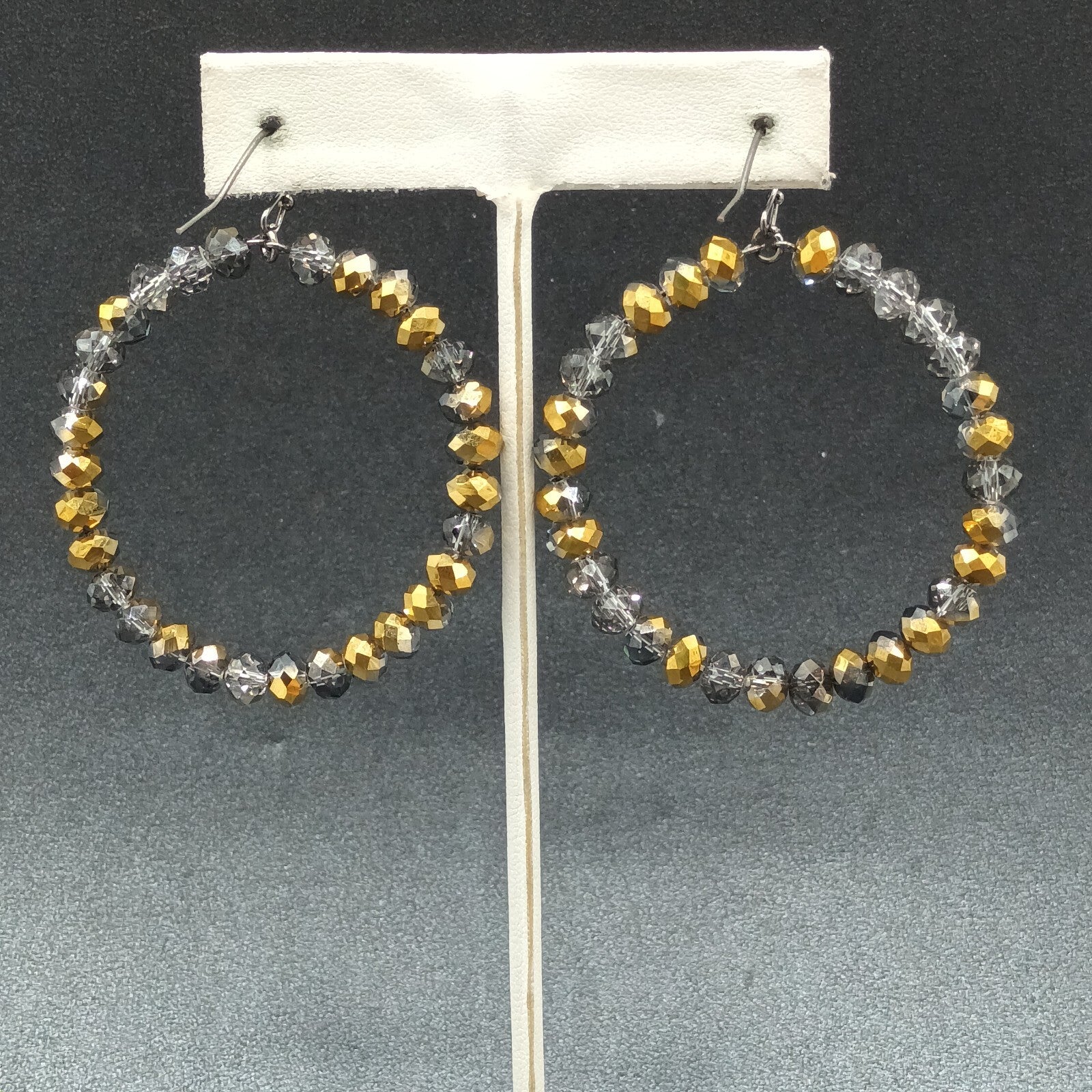 Pierced Earrings Bronze tone Faceted Glass Beaded Hoop Dangle 2"
