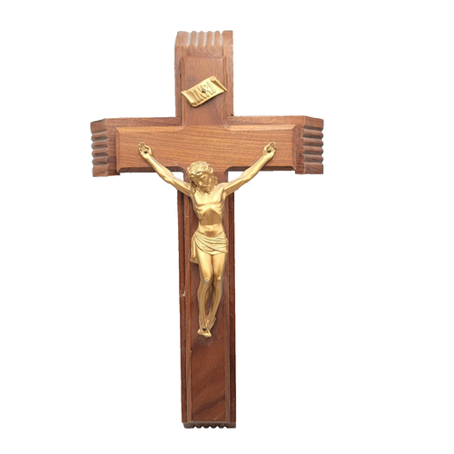Catholic Wall Crucifix Sick Call Set Wooden Cross INRI with Holy Water Vial 14"
