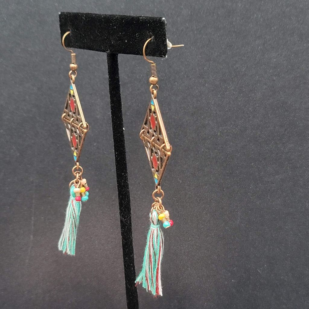 New Boho Pierced Earrings Copper tone Enamel Blue Tassel Long 3"