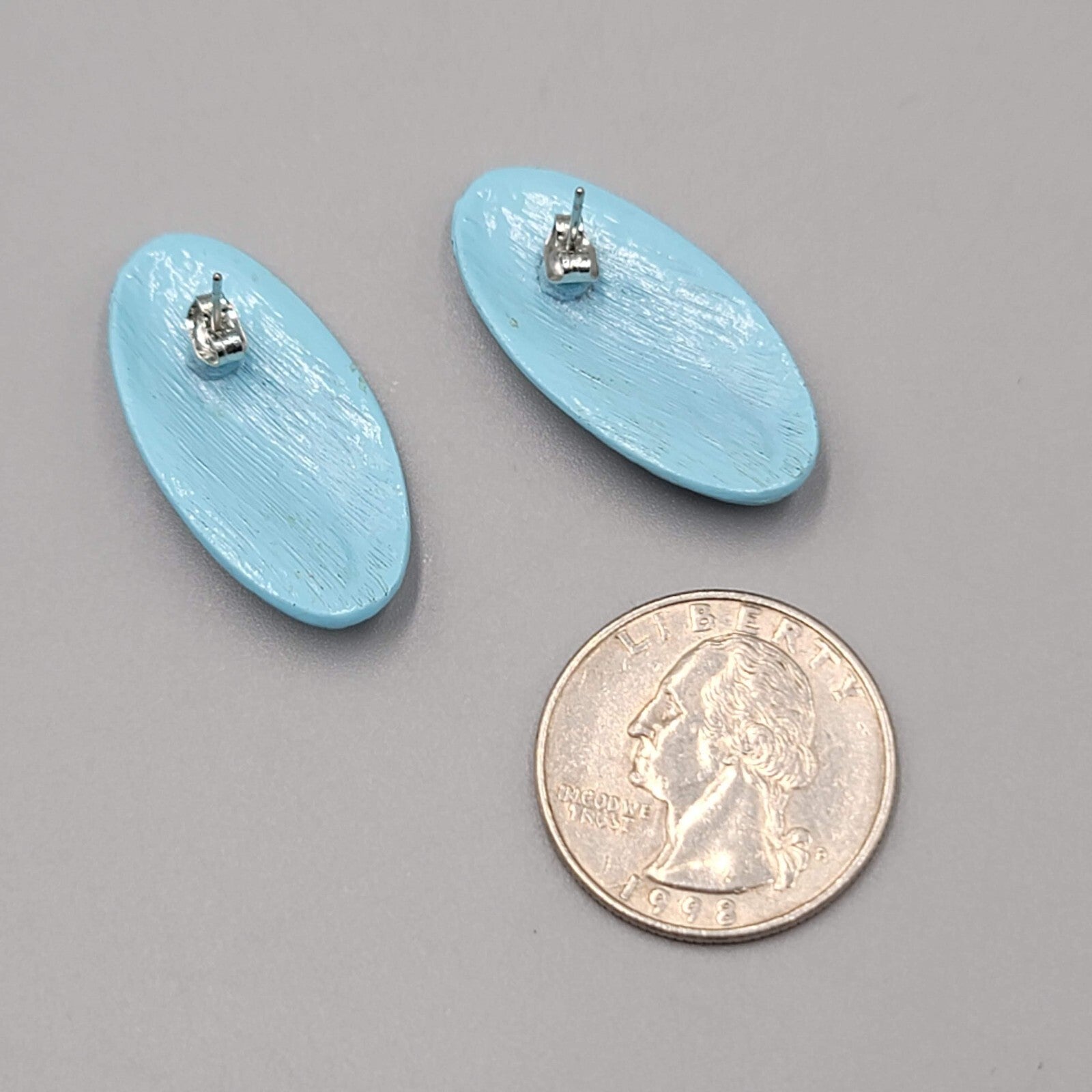 Vintage Light Blue Enamel Pierced Earrings Textured Oval Drop 1.25"