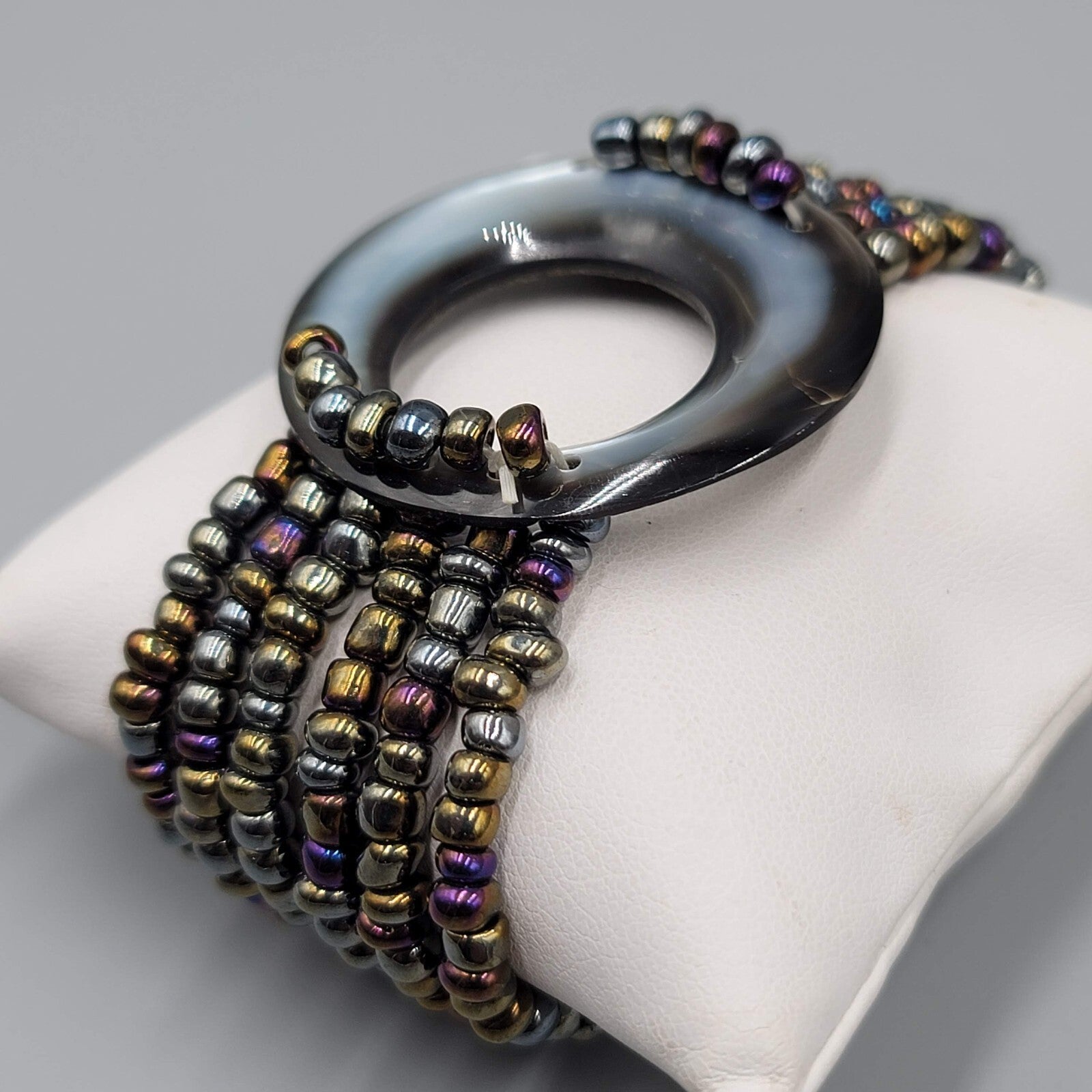 Multi Strand Glass Seed Bead Bracelet with Abalone Shell Ring Accent 6.75 in
