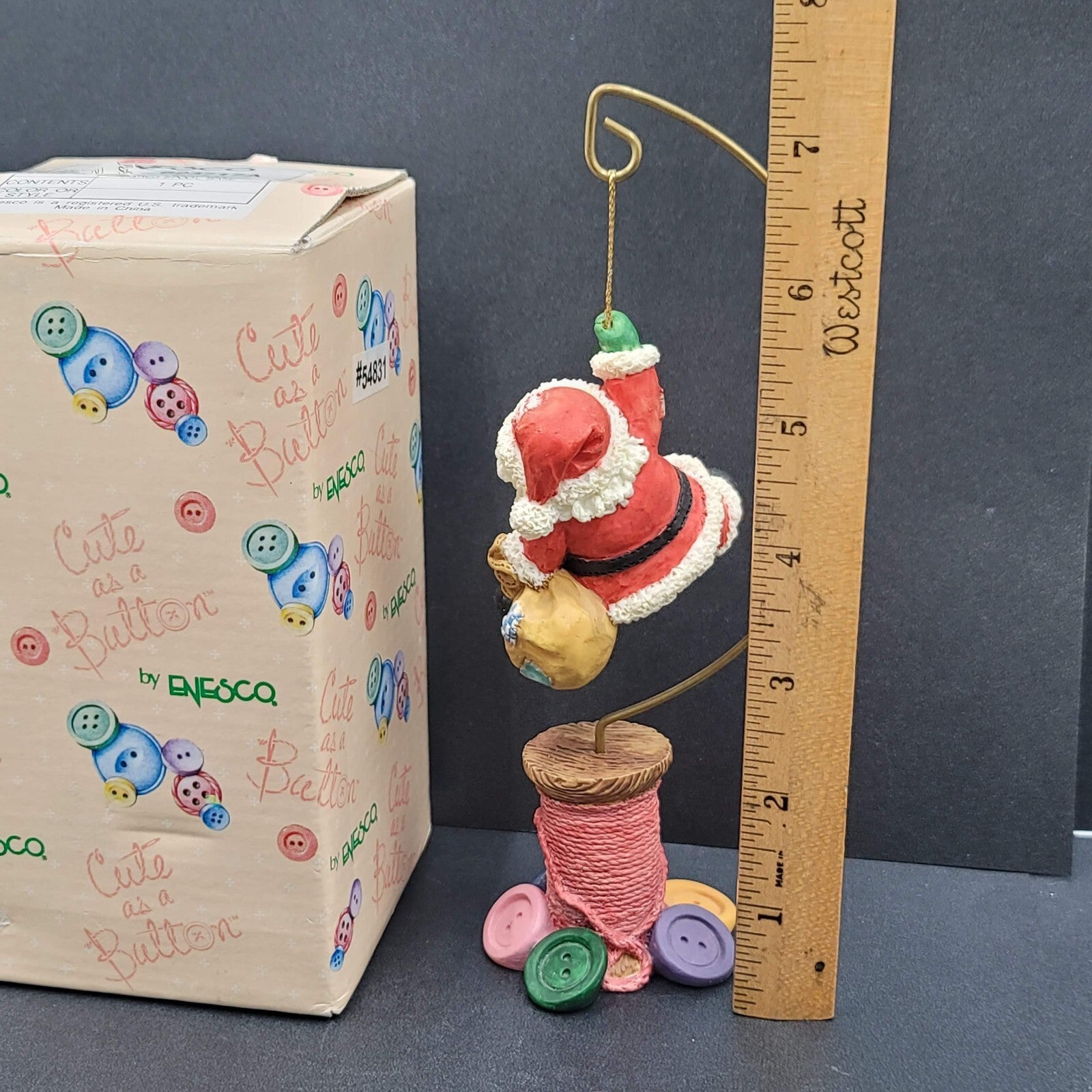 Vtg Christmas Enesco Cute As A Button Santa Green Glove Spool Base Figurine