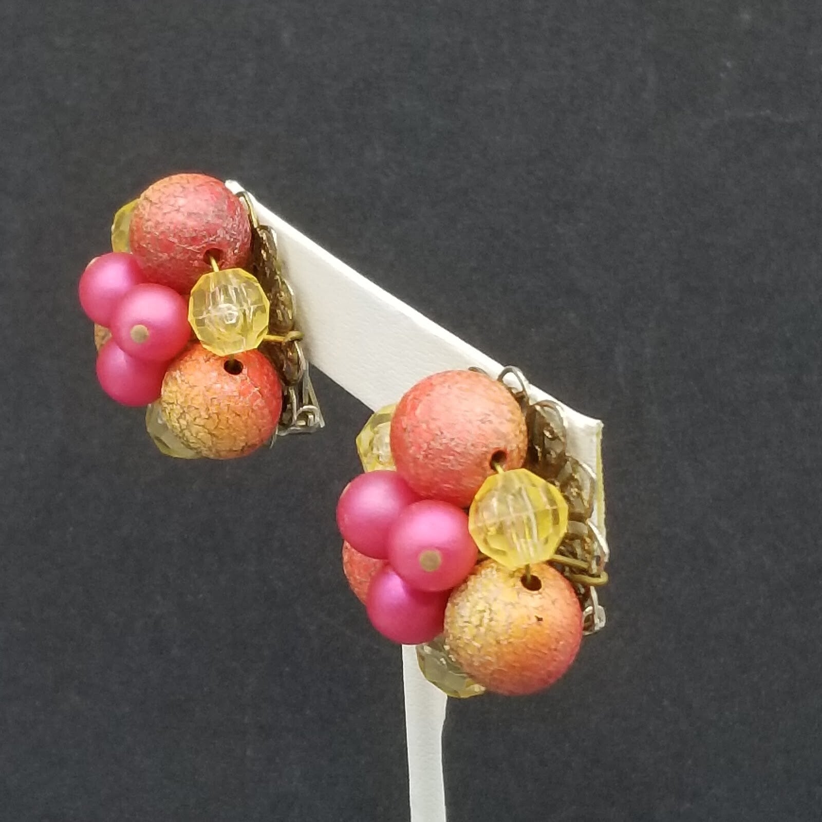 Vintage Clip On Pink Acrylic Bead Cluster Stud 1 1/4"