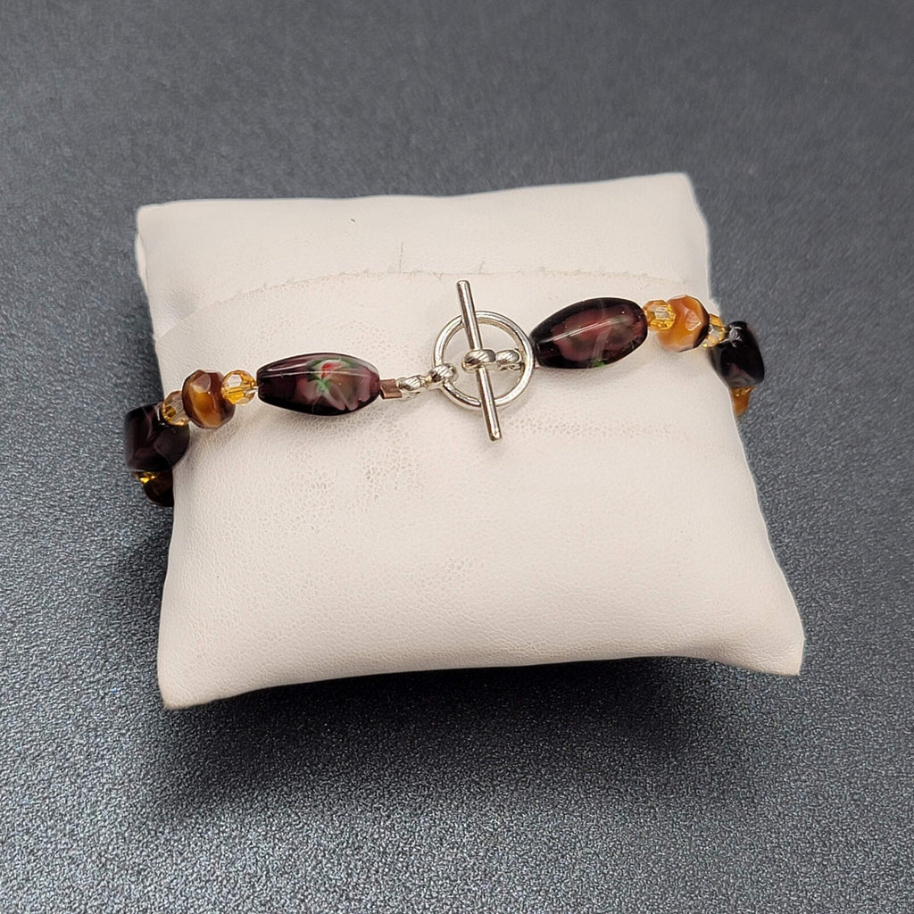 Art glass Bead Bracelet Silver tone Purple Brown Toggle 7"