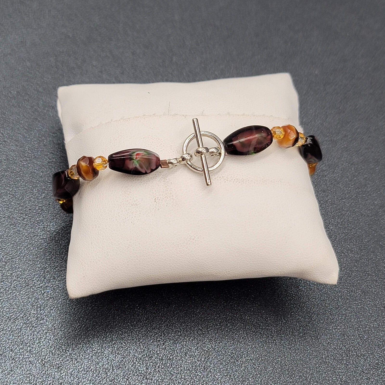 Art glass Bead Bracelet Silver tone Purple Brown Toggle 7"