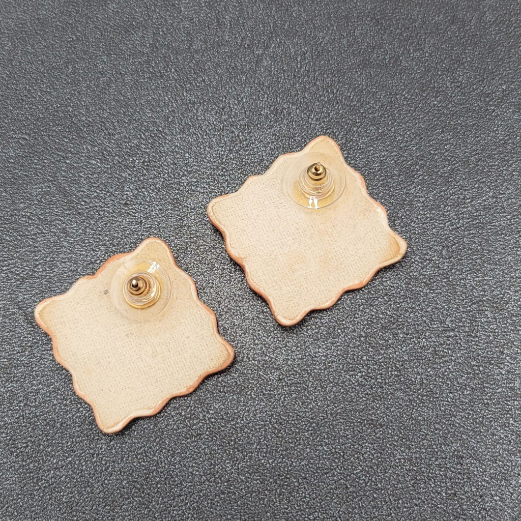 Vintage Pierced Earrings Ceramic Hand Painted Square Drop 1.25"