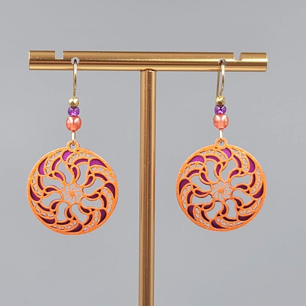 Laser Cut Metal Pierced Earrings Orange Purple Dangle 1"