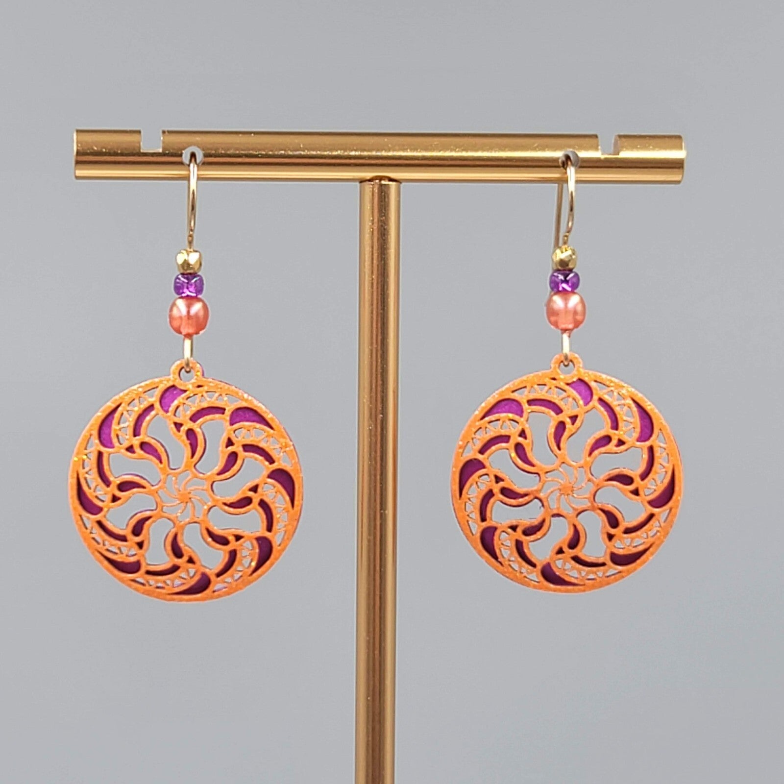 Laser Cut Metal Pierced Earrings Orange Purple Dangle 1"