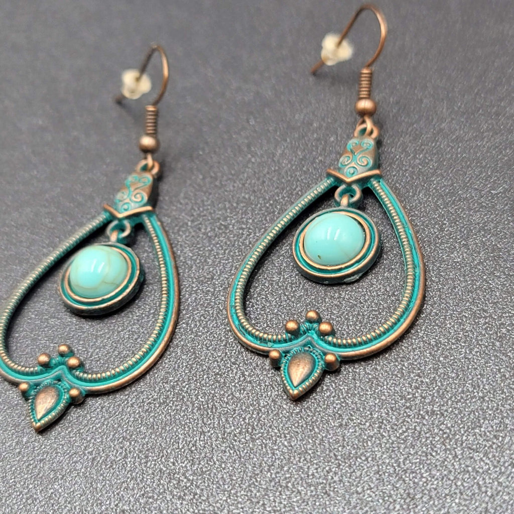 New Boho Pierced Earrings Copper tone Green Enamel Faux Turquoise Dangle 1.75"
