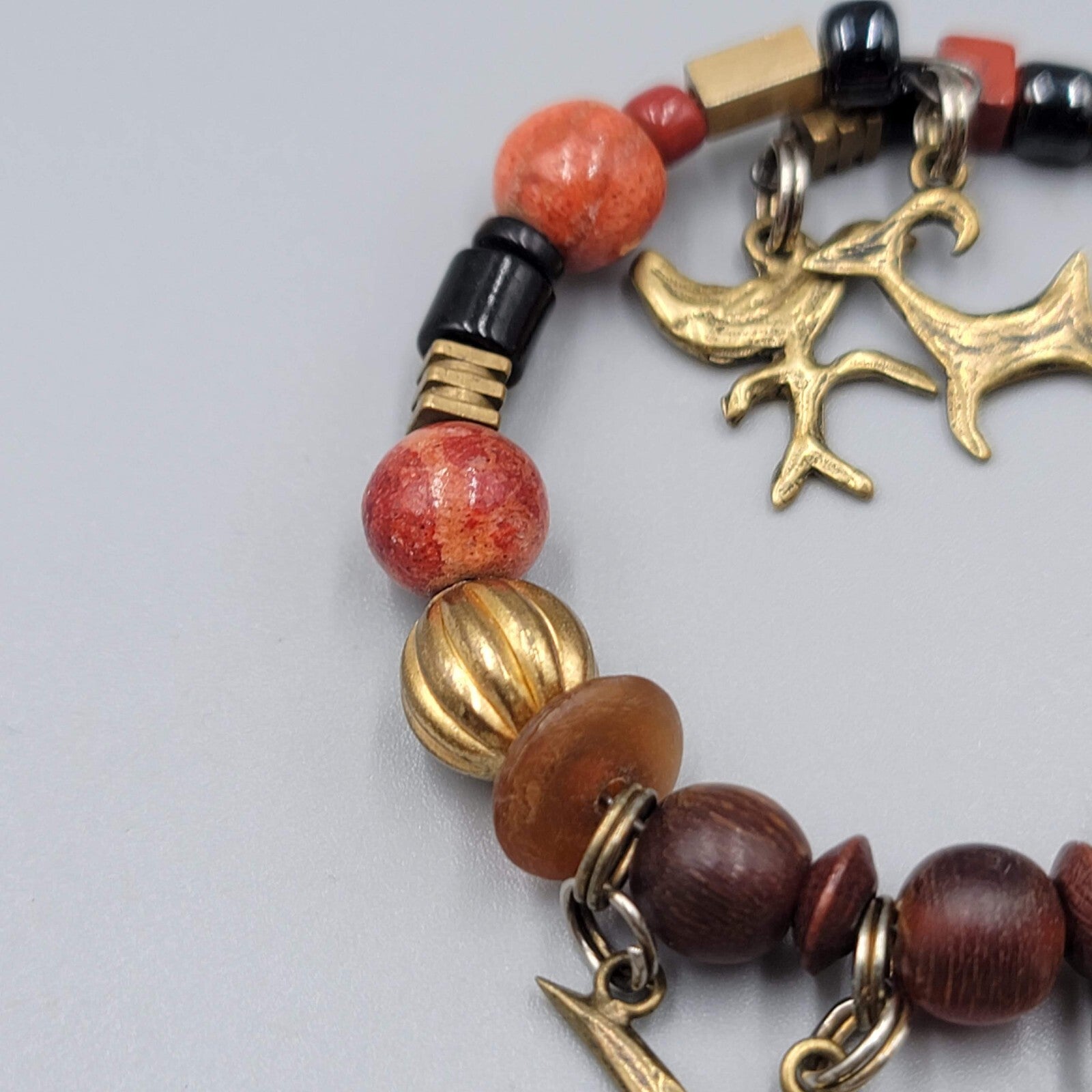 Stone Brass Animal Charm Bracelet Memory Wire Brown Orange