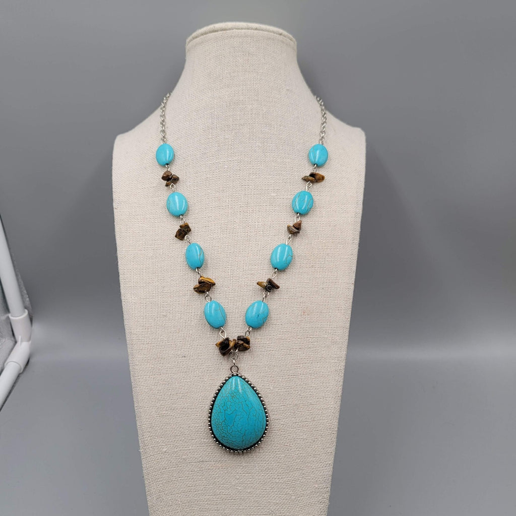 Blue Stone Bead Necklace Teardrop Pendant Silver tone 22"-25"