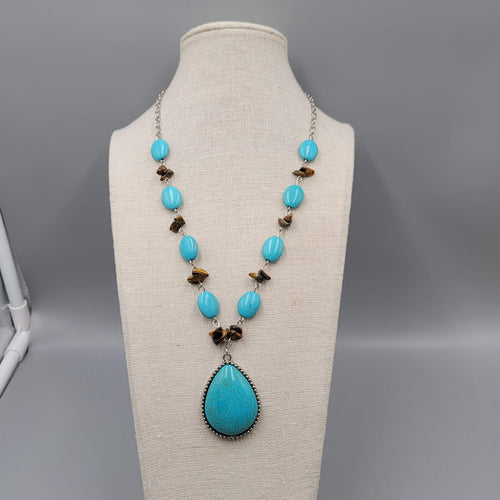 Blue Stone Bead Necklace Teardrop Pendant Silver tone 22"-25"