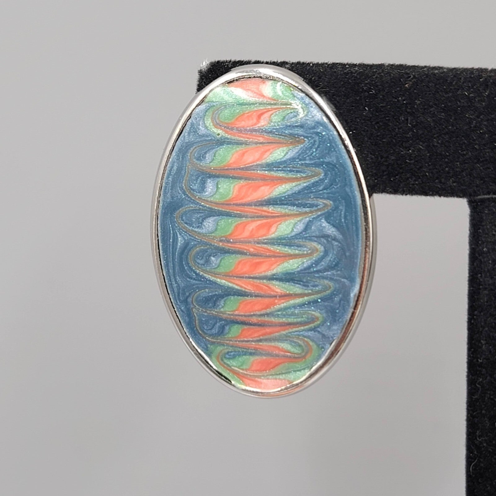Vintage Pierced Earrings Pink Blue Enamel Silver tone Oval Drop 1 3/8"