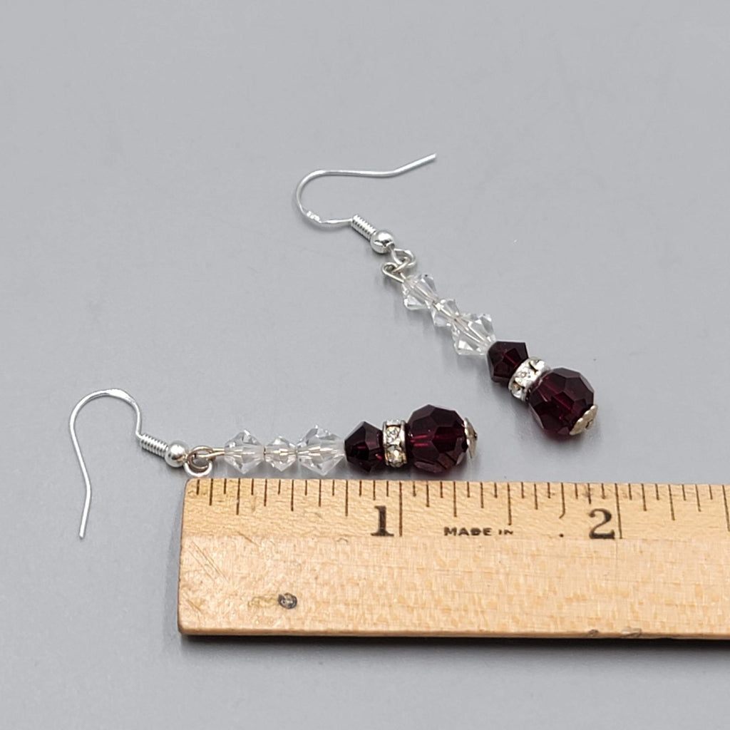 Red Clear Crystal Bead Pierced Earrings Silver tone Dangle 1.25"