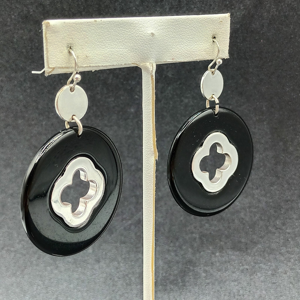 Pierced Earrings Silver tone Black Acrylic Circle Statement Dangle 2"
