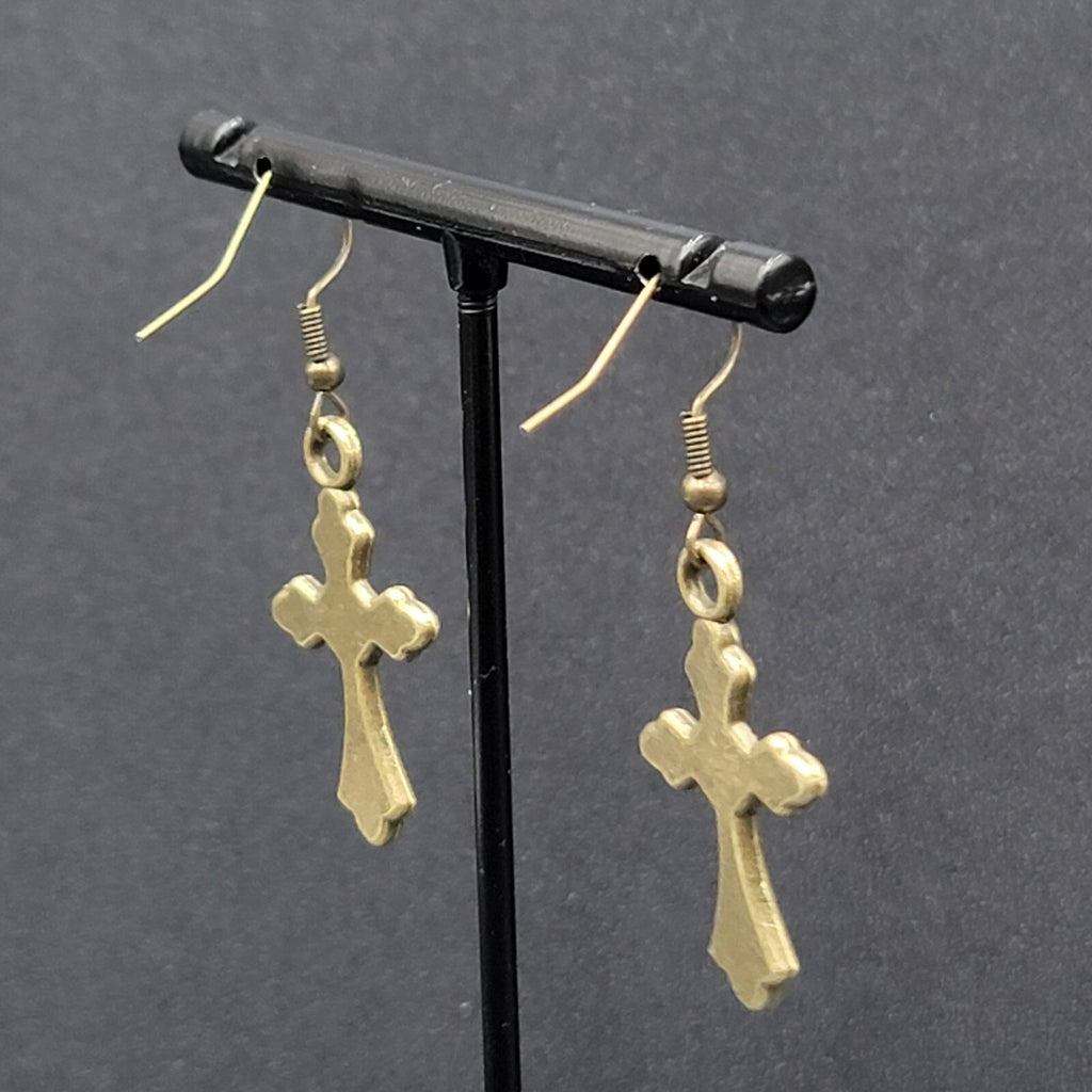 New Crucifix Cross Pierced Earrings Bronze tone Dangle 1 1/8"