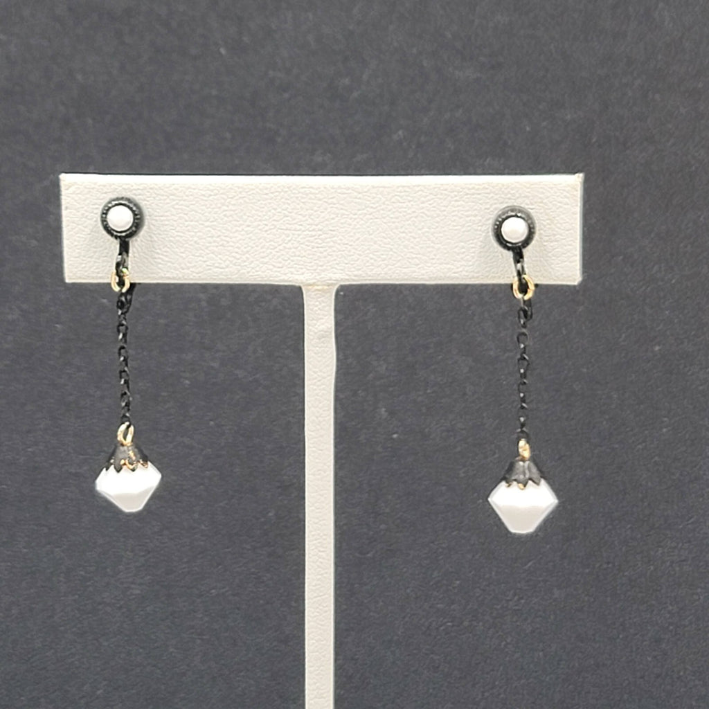 Vintage Clip on Earrings Black Enamel Metal Dangle Chain White Bead 1 5/8"