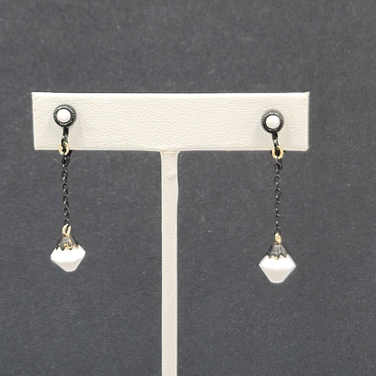 Vintage Clip on Earrings Black Enamel Metal Dangle Chain White Bead 1 5/8"
