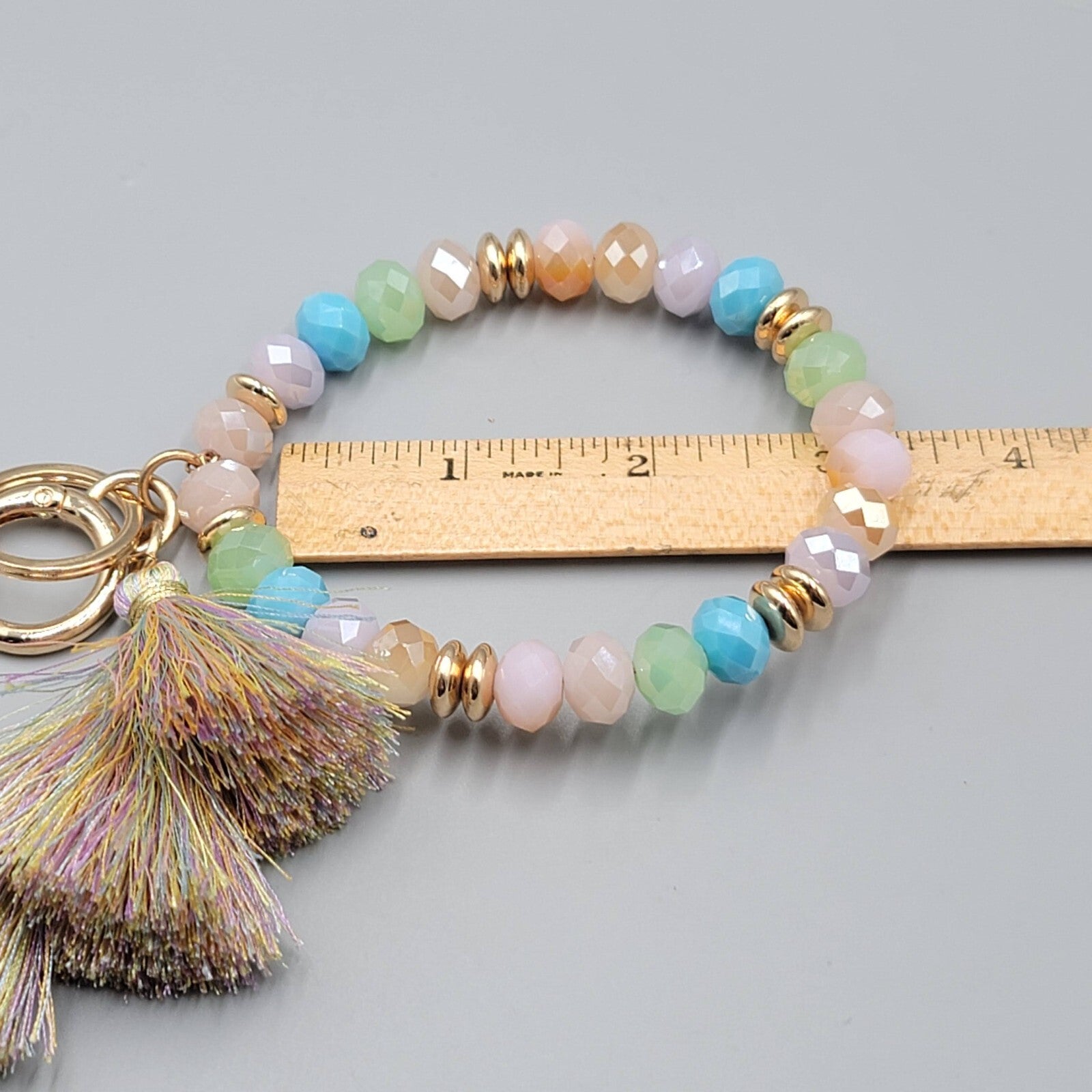 Pastel Color Faceted Glass Bead Bangle Bracelet Wristlet Key Rings Keychain