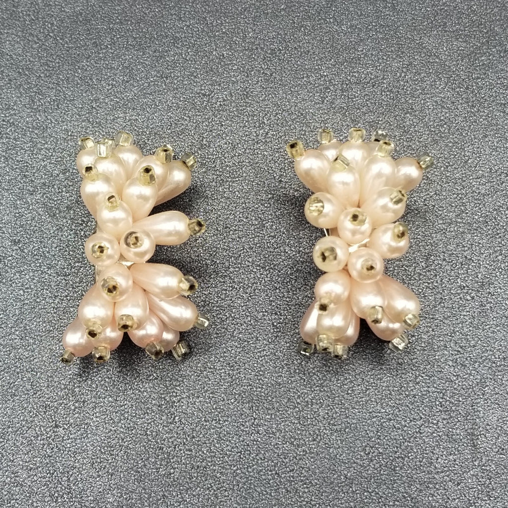 Vintage Clip on Earrings Pink Bead Large Statement Half Hoop Drop 1 1/2"