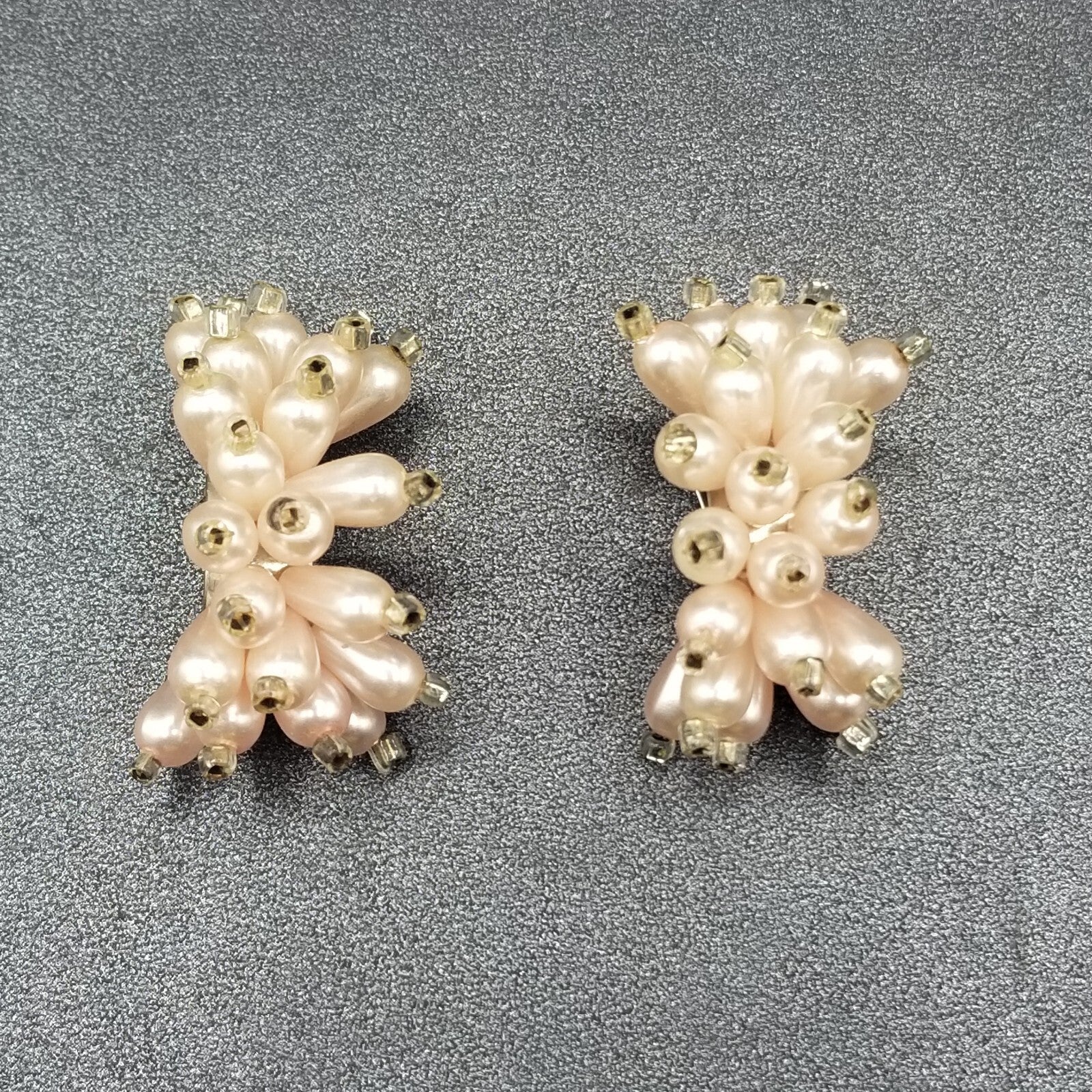 Vintage Clip on Earrings Pink Bead Large Statement Half Hoop Drop 1 1/2"