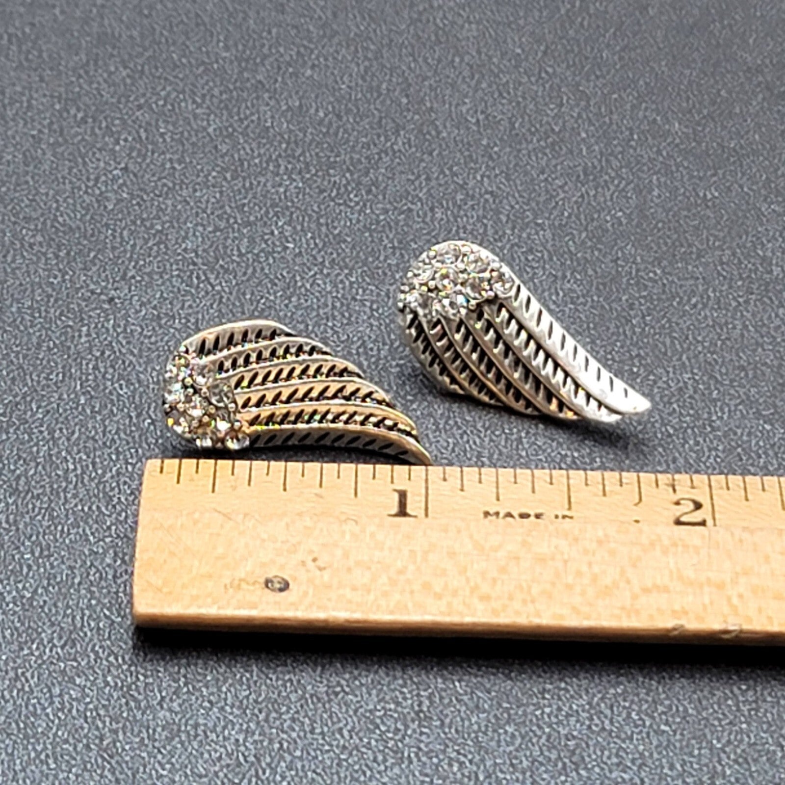 Pierced Earrings Silver tone Wings Crystal Rhinestone Drop 1"
