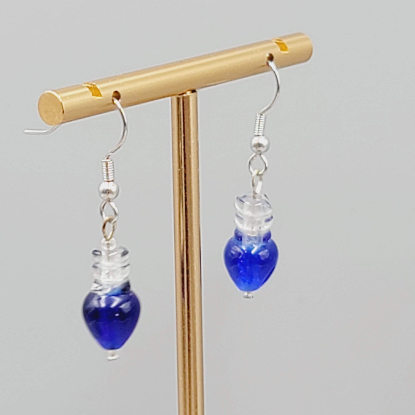 Blue Glass Bead Pierced Earrings Dangle Silver Tone