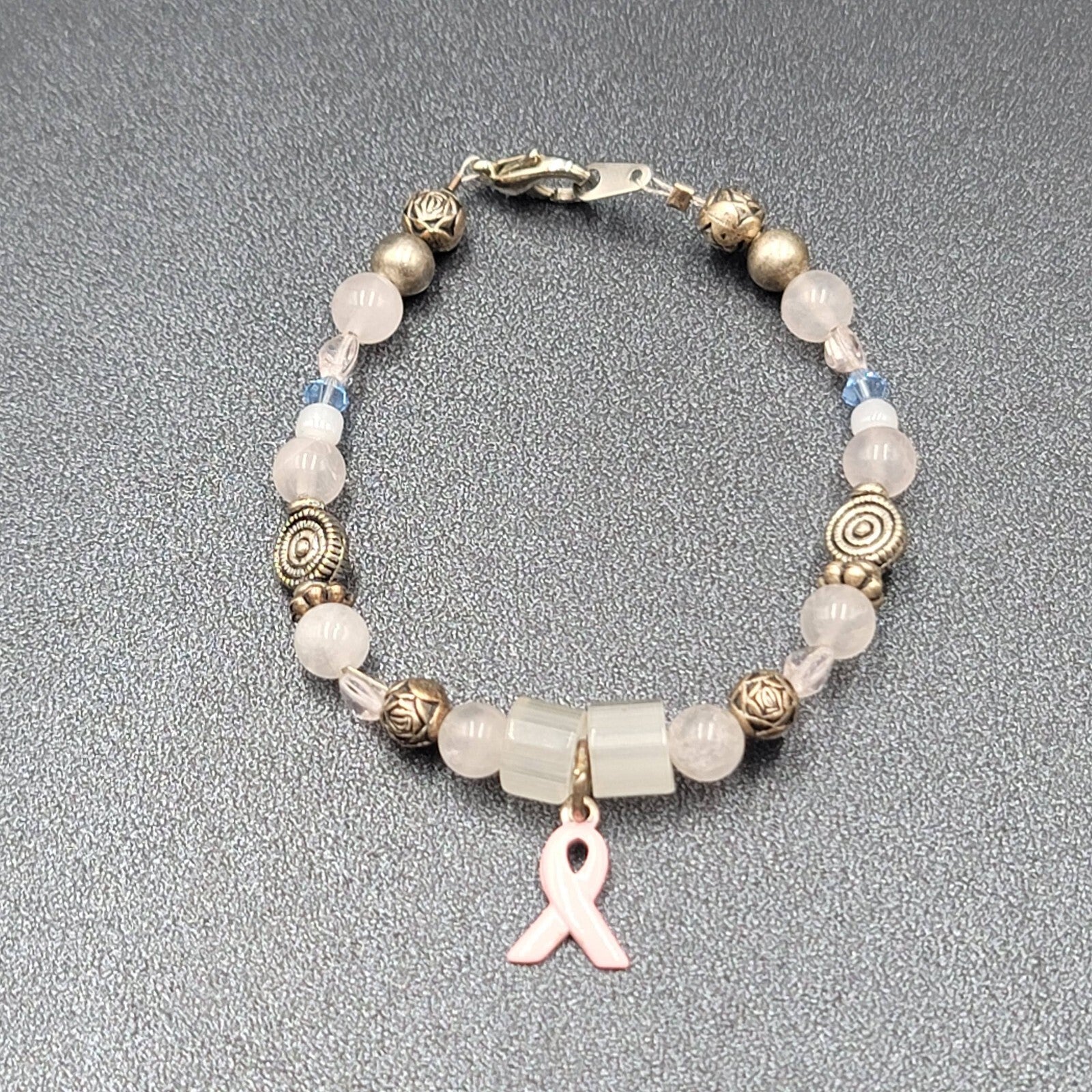 Sterling Breast Cancer Awareness Charm Bracelet Silver tone Beaded 7"