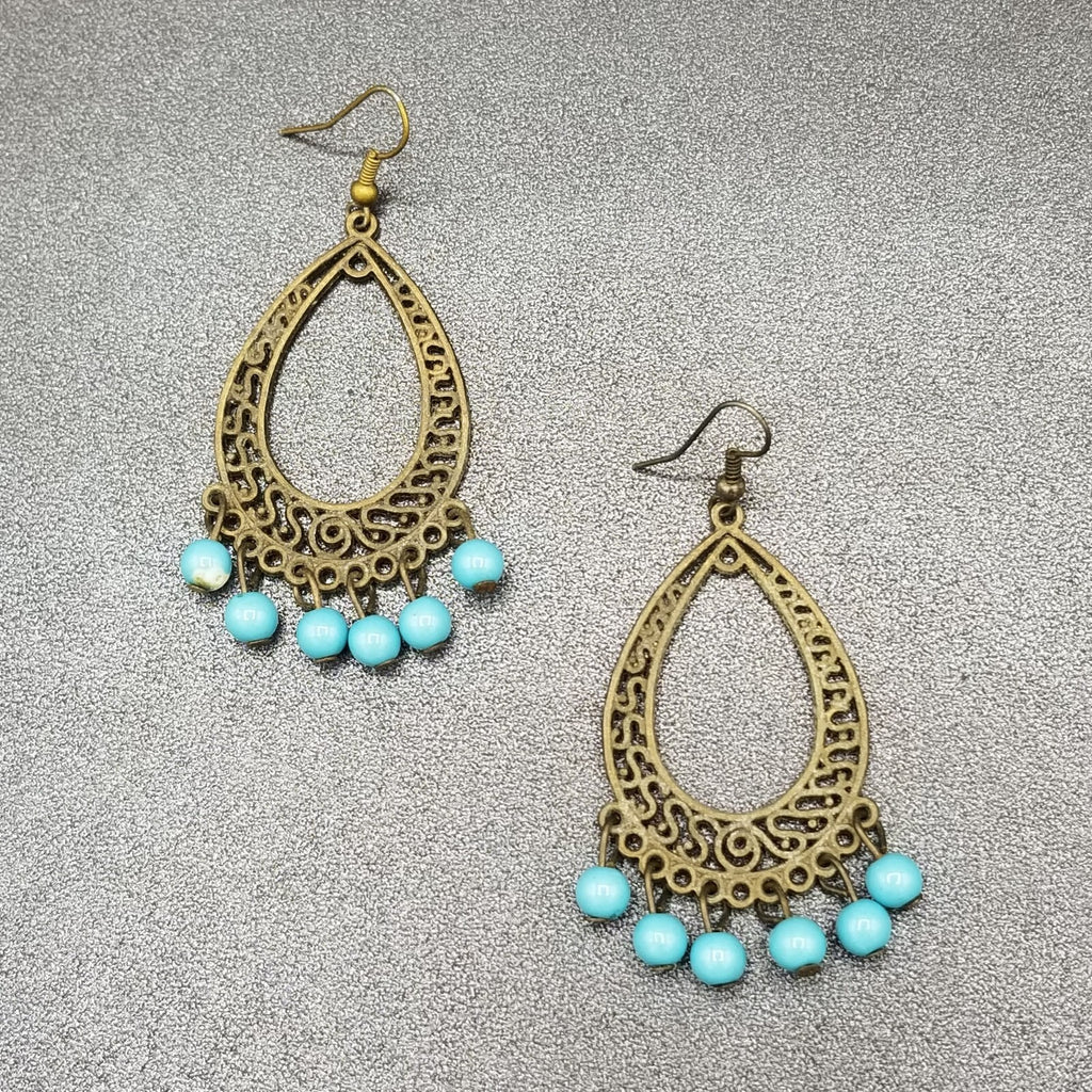 Pierced Earrings Bronze tone Chandelier Teardrop Blue Bead Dangle 2.25"