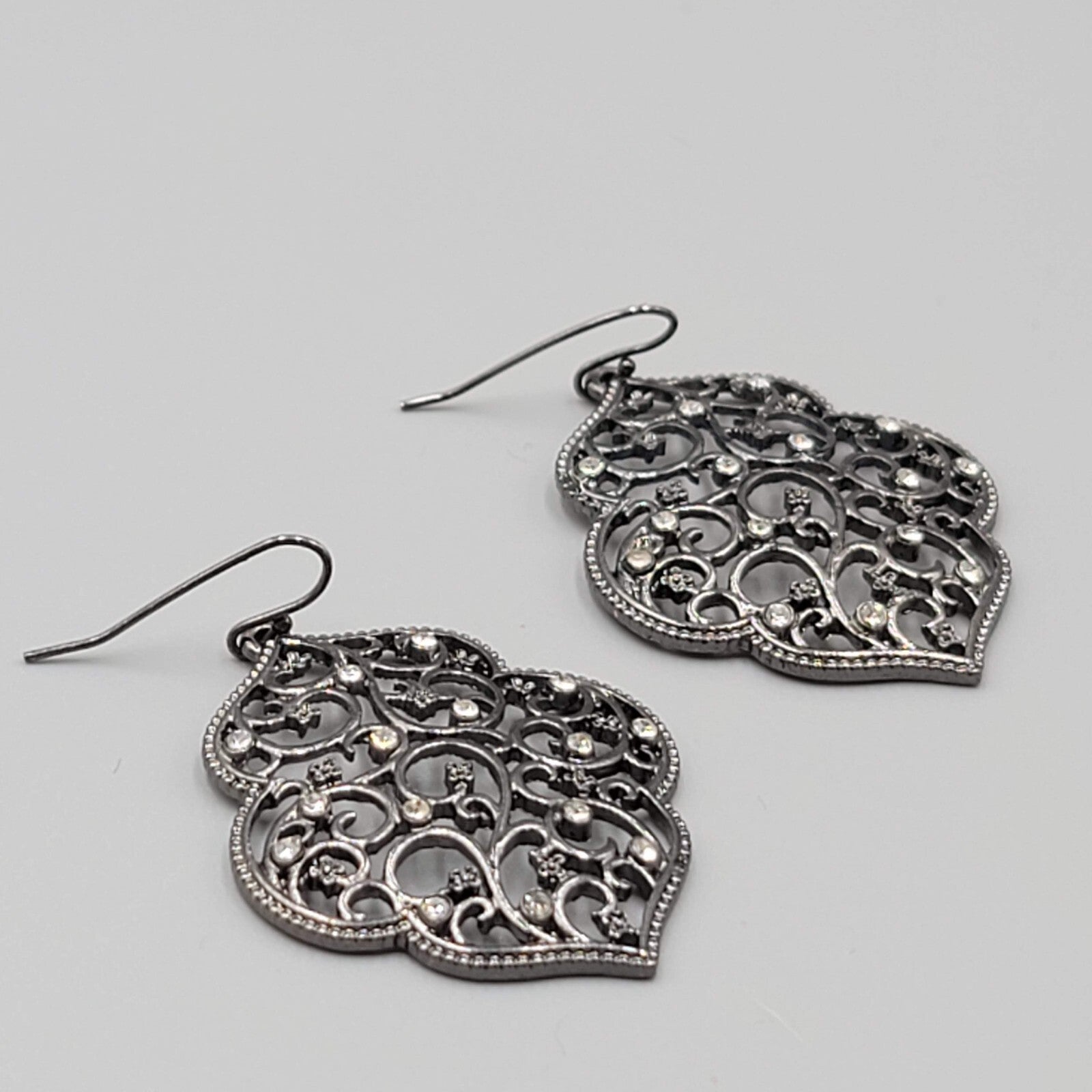 Pierced Earrings Black Metal Crystal Rhinestone Filigree Dangle 1.75"