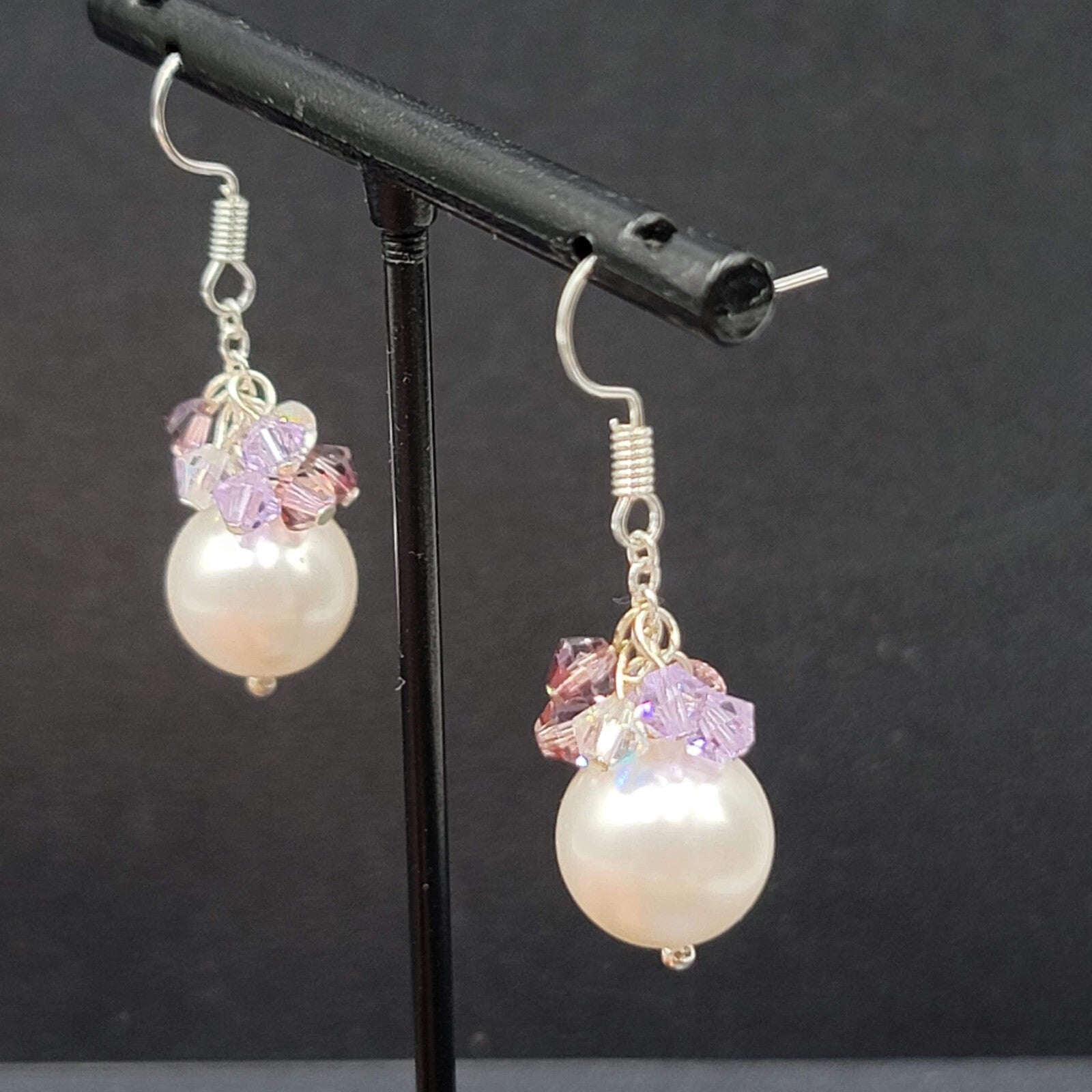 Pierced Earrings Purple Crystal Faux Pearl Beaded Dangle 1"