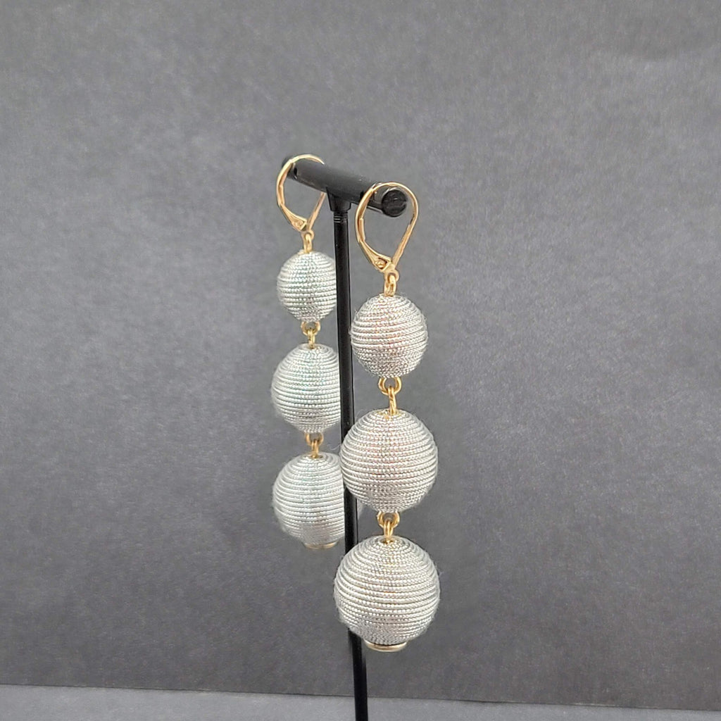 Pierced Earrings Silver tone Cord Covered Spheres Gold tone Leverback 2.5"
