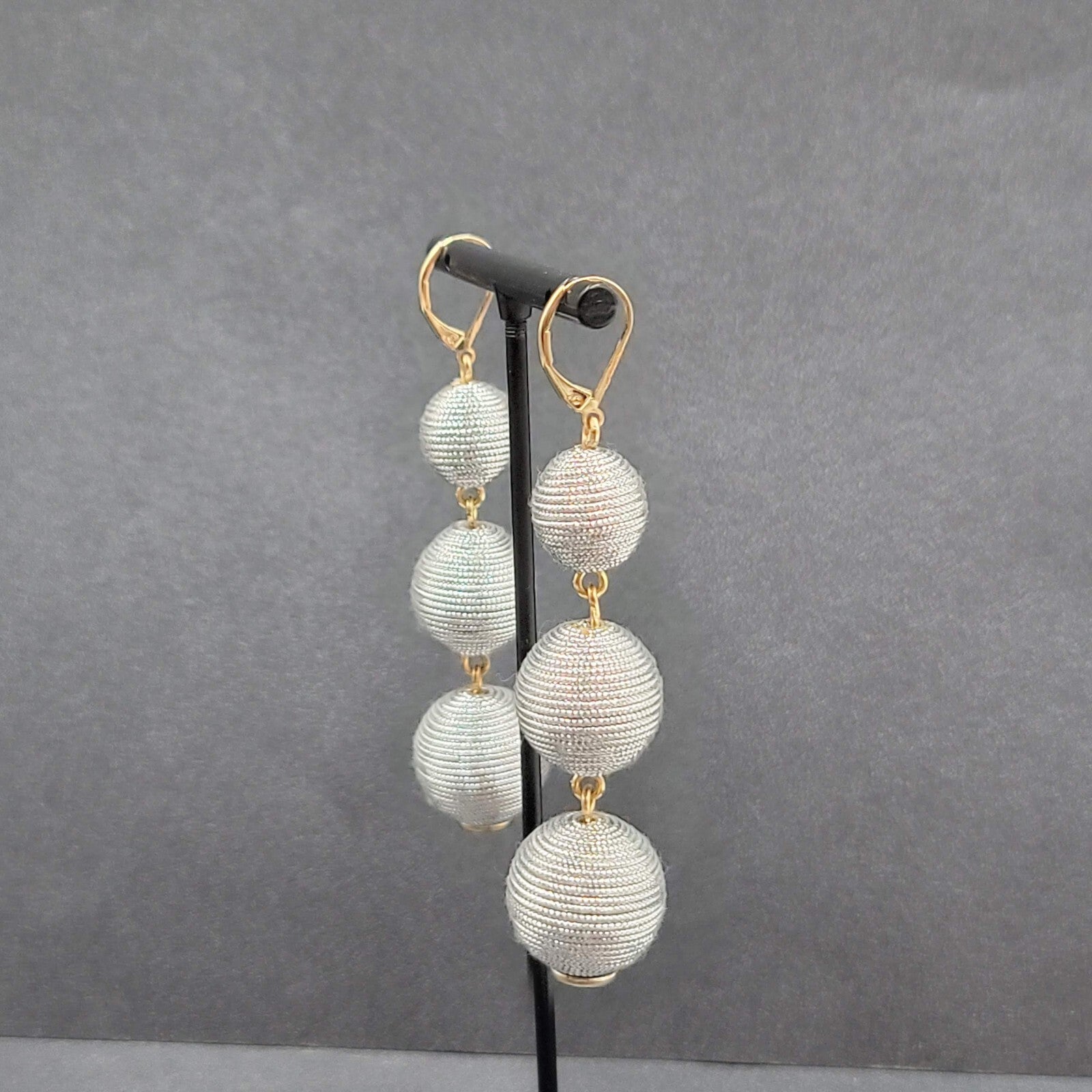 Pierced Earrings Silver tone Cord Covered Spheres Gold tone Leverback 2.5"