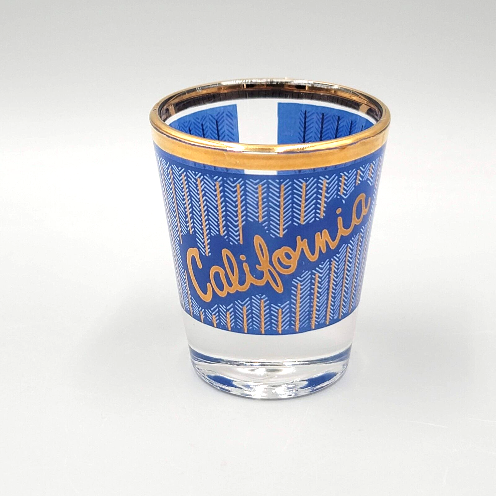 Vintage California Shot Glass Blue Gold Clear Souvenir  2 oz