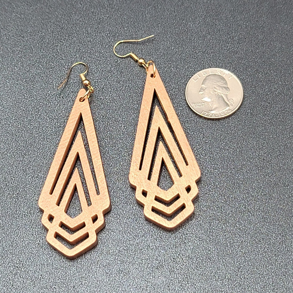 New Boho Pierced Earrings Metallic Gold Wood Cut Geometric Dangle 3"