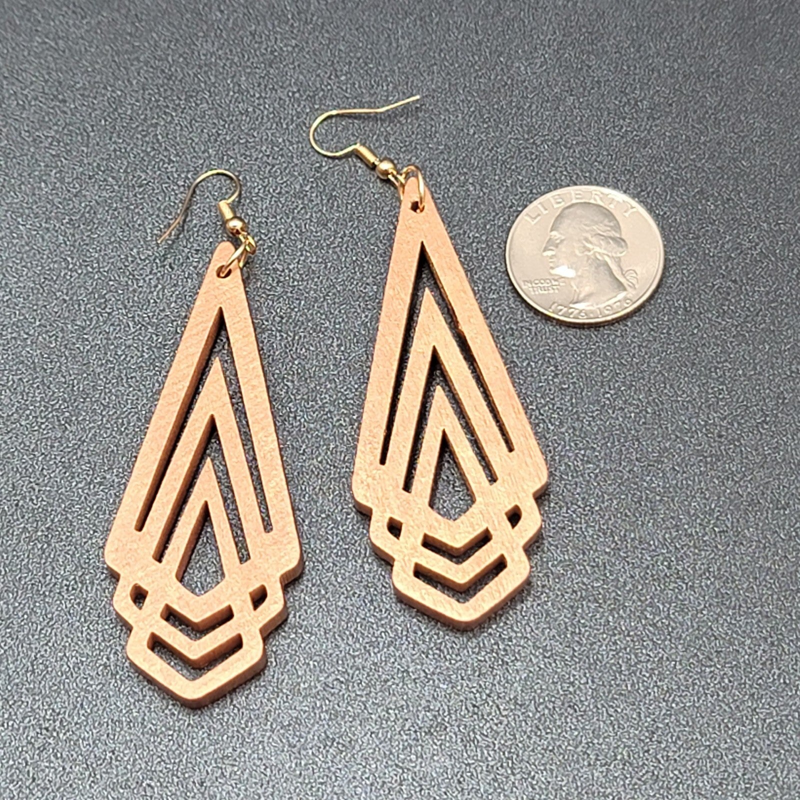 New Boho Pierced Earrings Metallic Gold Wood Cut Geometric Dangle 3"