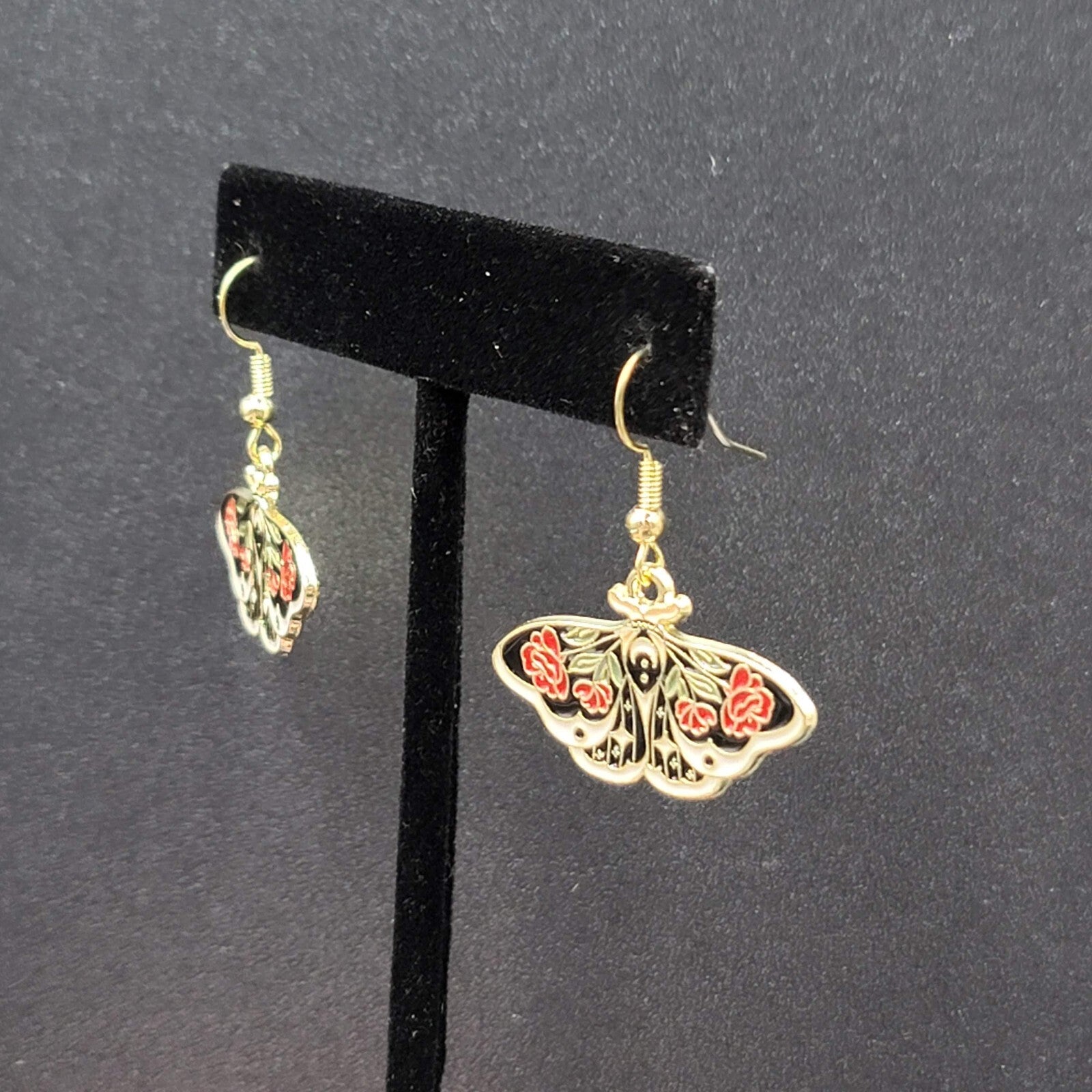 Pierced Earrings Gold tone Enamel Red Rose Moth Dangle 3/4"